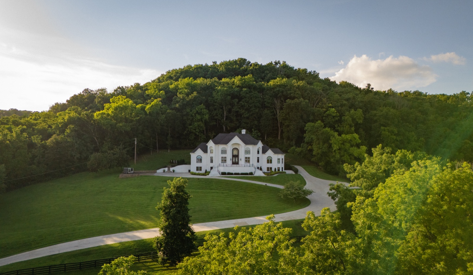 The estate on its wooded hilltop, the drive curving down the lawn toward the road and the county beyond.